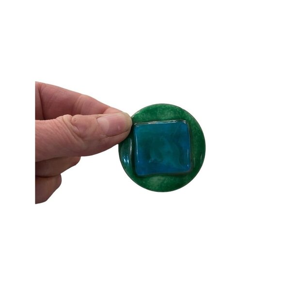 Vintage 1980s Porcelain Brooch Pin Mod Design Blue Green Glazed Copper Trim 2" D - Picture 10 of 12